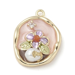 Pink Латунные микропаве прозрачные подвески с фианитом, без кадмия, без никеля и без свинца, с эмалью, овал с цветочными подвесками, с ABS имитации жемчуга, розовые, 23x17.5x4.5 мм, отверстие : 1.6 мм