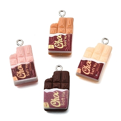 Mixed Color Opaque Resin Imitation Food Pendants, Chocolate Bar Charms, with Platinum Iron Loop, Mixed Color, 25~25.5x13x5mm, Hole: 2mm