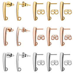 Mixed Color 30Pcs 3 Color 304 Stainless Steel Stud Earring Findings , with 30Pcs 304 Stainless Steel Ear Nuts, Vertical Bar with Loop, Mixed Color, 15x3x1mm, Hole: 1.8mm, Pin: 0.7~0.8mm, 10pcs/color