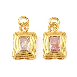 Бледно-Розовый Латунные микро проложить кубического циркония подвески, прямоугольник амулеты, реальный 18 k позолоченный, розовый жемчуг, 13.5x9.5x4.5 мм, отверстие : 2.5 мм