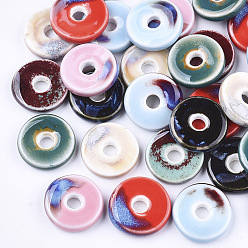 (52) Непрозрачная лаванда Фарфоровые бусины ручной работы, фантазии античного стекла фарфора, Плоский круглый / диск, разноцветные, 21~22x6 мм, отверстие : 5 мм