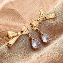 Настоящее золото 18K 304 серьги из нержавеющей стали горный хрусталь, бантом со слезой, ионное покрытие (ip), реальный 18 k позолоченный, 31x24 мм