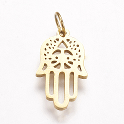 Золотой 316 хирургические подвески из нержавеющей стали, hamsa рука / рука fatima / рука miriam, золотые, 17x9x1.5 мм, отверстие : 3.5 мм