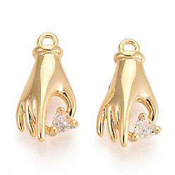 Прозрачный Латунные микропаве прозрачные подвески с фианитом, руки с сердцем, без никеля , реальный 18 k позолоченный, прозрачные, 17x9x3.9 мм, отверстие : 1.5 мм