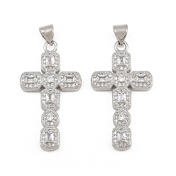 Clair Micro cuivres ouvrent pendentifs zircone cubique, breloques en forme de croix octogonale, sans cadmium et sans plomb, platine, clair, 32x17.5x4mm, Trou: 5x3mm