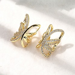 Настоящее золото 18K Серьги-каффы с бабочками из латуни с микропаве из прозрачных кубических цирконий, стойки покрытие, долговечный, без кадмия и без свинца, реальный 18 k позолоченный, 20x12.5x10.5 мм