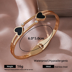 Heart 304 Stainless Steel Black Enamel Hinged Cuff Bangles for Women, Golden, Heart, Inner Diameter: 2.36 inch(6cm)