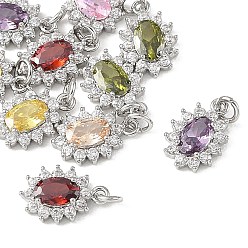 Mixed Color SHEGRACE Brass Micro Pave Cubic Zirconia Pendants, Cadmium Free & Nickel Free & Lead Free, Flower Charms, Platinum, Mixed Color, 12x8x3mm, Jump Ring: 4x1mm, Inner Diameter: 2mm
