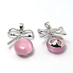 Pink Подвески кошачий глаз, с латунной фурнитурой , фрукты, платина, розовые, 30x20x9 мм, отверстие : 4x5 мм