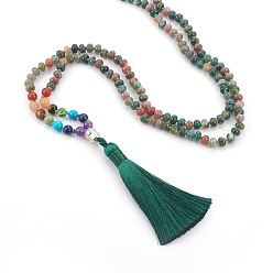 Indian Agate Natural Indian Agate Beads Necklaces, Natural & Synthetic Mixed Stone, with Polyester Tassel Big Pendants and Alloy Finding, 31.5 inch(80cm)