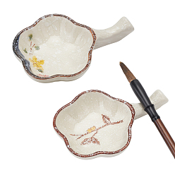 Color mezclado 2 piezas 2 estilos plato de tinta de cerámica con forma de flor de ciruelo, placa de tinta con mango, Soporte para pinceles de pintura de caligrafía china, color mezclado, 114.5x75x24.5 mm, diámetro interior: 64.5x69 mm, 1 pc / estilo