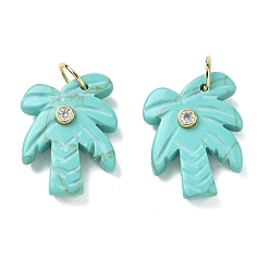 Synthetic Turquoise Synthetic Turquoise Carved Pendants, Coconut Tree Charms with Brass Pave Clear Cubic Zirconia Findings, Golden, 26.5x20.5x7.5mm, Hole: 6.5mm
