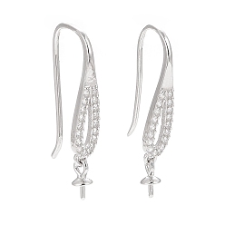 Platinum Anti-Tarnish Rhodium Plated 925 Sterling Silver Earring Hooks, with Clear Cubic Zirconia, Teardrop, for Half Drilled Beads, Platinum, 25mm, 21 Gauge, Pin: 0.7mm and 0.6mm, Tray: 6x3mm