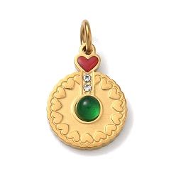 Золотой 304 подвески из прозрачного кубического циркония из нержавеющей стали, С эмалью и стеклом, плоский круглый с сердечками, золотые, 18.5x13.5x4.5 мм, Перейти кольцо: 6x1 мм, внутренний диаметр: 3.5 мм