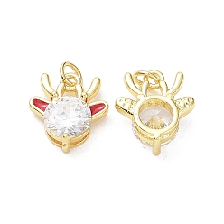 Настоящее золото 18K Подвески из латуни с прозрачной эмалью кубического циркония, без кадмия и без свинца, стойки покрытие, Новогодняя тема, голова оленя, реальный 18 k позолоченный, 15x13.5x5.8 мм, отверстие : 3.4 мм