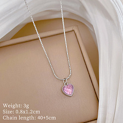 Бледно-Розовый 304 Подвеска в виде сердца из нержавеющей стали с инкрустацией кубическим цирконием, цепочка в стиле «бостонское плетение» для женщин, цвет нержавеющей стали, розовый жемчуг, 15.75 дюйм (40 см)