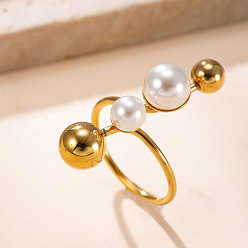 Real 18K Gold Plated 304 Stainless Steel Cuff Open Rings, with Imitation Pearl, Real 18K Gold Plated, US Size 4 1/4(15mm)~20mm