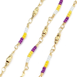 Фиолетовый Латунные шаровые цепи, со стеклянными бисеринами, без кадмия, без никеля и без свинца, реальный 18 k позолоченный, пайки, с катушкой, фиолетовые, 20x3x2 мм
