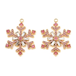 Light Rose 304 Stainless Steel Rhinestone Pendants, Snowflake Charms, Ion Plating(IP), Real 18K Gold Plated, Light Rose, 29x23x4mm, Hole: 1.8mm