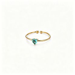 Sky Blue Adjustable Birthstone 304 Stainless Steel Micro Pave Cubic Zirconia Cuff Open Rings, Heart, December, Golden, Sky Blue, US Size 4 1/4(15~20mm)
