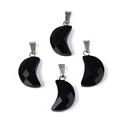 Обсидиан Природные подвески обсидиана, обереги граненой луны, с защелкой из нержавеющей стали на поручнях, цвет нержавеющей стали, 18.5~19.5x10~11.5x5.5~6 мм, отверстие : 6x2.5 мм