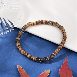 Кокос Натуральные кокосовые плоские круглые бусины эластичные браслеты для женщин, с круглыми бусинами из синтетического дымчатого кварца, внутренний диаметр: 2-1/8 дюйм (5.5 см)