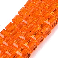 Naranja Rojo Cuentas de vidrio transparentes, cubo, facetados, rojo naranja, 7x7x6.5~7 mm, agujero: 1.2~1.6 mm, sobre 96~101 unidades / cadena, 25.39~28.54 pulgada (64.5~72.5 cm)