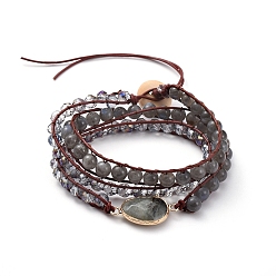 Labradorite Faceted Glass & Natural Labradorite Beaded Wrap Bracelets, with Cowhide Leather Cord and Burlap, Teardrop, 570x7mm