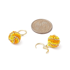 Yellow Handmade MIYUKI Japanese Seed Braided Round Ball Dangle Leverback Earrings, Real 18K Gold Plated Brass Jewelry for Women, Yellow, 31.5~32mm, Pin: 1mm