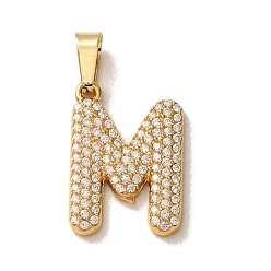 Letter M 304 Stainless Steel Micro Pave Clear Cubic Zirconia Pendants, Letter Charms, Golden, Ion Plating(IP), Letter M, 18x12.5x2.5mm, Hole: 6x2.5mm