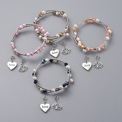Mixed Color Wrap Bracelets, with Natural Pearl Beads, Tibetan Style Alloy Charms, Three Loops, Mixed Color, 2-1/8 inch(5.5cm)