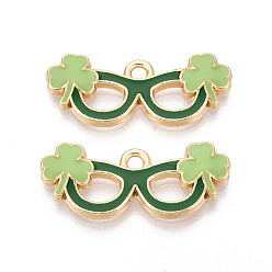 Зеленый Подвески из сплава с эмалью ко Дню Святого Патрика, очки прелести, золотые, без кадмия, без никеля и без свинца, зелёные, 11x25x2 мм, отверстие : 1.8 мм