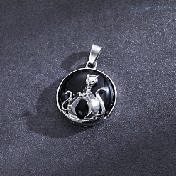 Black Stone Flat Round with Cat Natural Black Stone Pendants, with Platinum Alloy Finding, 32x22mm