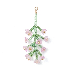 Plum Glass Seed Beaded Flower Big Pendants, with Acrylic & Copper Wire, Light Gold, Plum, 53x22x10mm, Hole: 2mm