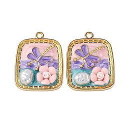 Разноцветный Подвески из эмали и сплава, с ABS имитации жемчуга, прямоугольник с подвесками в виде цветка из смолы и стрекозы, стойки покрытие, золотой свет, красочный, 30x22x4 мм, отверстие : 1.8 мм