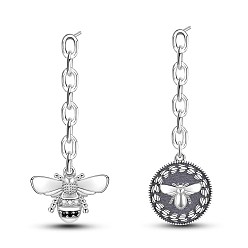 Antique Silver 925 Sterling Silver Asymmetrical Earrings, Dangle Stud Earrings, with Cable Chain, Bee, Antique Silver, 40mm