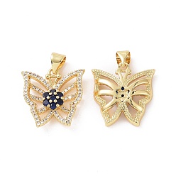 Blue Brass Micro Pave Cubic Zirconia Pendants, Real 18K Gold Plated, Hollow Butterfly with Flower Charm, Blue, 18.5x18x4mm, Hole: 3.5x4.5mm