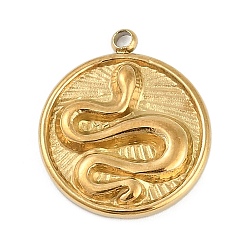 Настоящее золото 18K 304 подвески из нержавеющей стали, плоская круглая с подвеской в виде змеи, ионное покрытие (ip), реальный 18 k позолоченный, 18x15x3 мм, отверстие : 1.5 мм