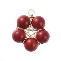 Dark Red Shell Pearl Pendants, with Golden Plated Copper Wire, Flower, Dark Red, 24x22x8mm, Hole: 2.3mm