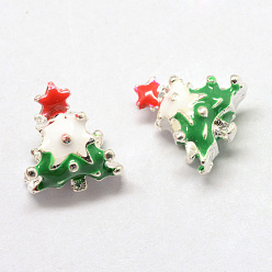 Grün Legierung Schmelz europäischen Perlen, Tannenbaum, Großloch perlen, Silberfarbe überzogen, grün, 15x13x8.5 mm, Bohrung: 5 mm