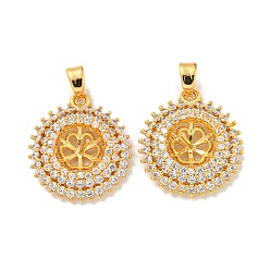 Real 18K Gold Plated Rack Plating Brass Peg Bail Pendants Micro Pave Cubic Zirconia, Cadmium Free & Nickel Free & Lead Free, Flat Round with Flower , Real 18K Gold Plated, 20.5x18x4.5mm, Hole: 5x2.5mm, pin: 0.7mm