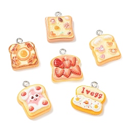 Color mezclado Colgantes de imitación de comida de resina opaca con temática de tostadas, encantos de formas mixtas, con lazo de hierro platino, color mezclado, 19~22x15~18x5.5~7 mm, agujero: 2 mm