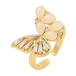 Настоящее золото 18K Кольца-манжеты из латуни с микро-паве и бабочкой в стойку, прозрачные манжеты с кубическим цирконием для женщин, с белым нефритом, без кадмия и без свинца, долговечный, реальный 18 k позолоченный, регулируемый