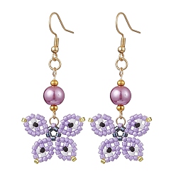 Лиловый Болтающие серьги из стекла, с 304 швензами из нержавеющей стали, бабочка, сирень, 57.5x25.5 мм