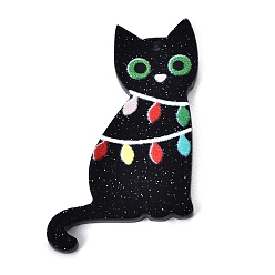 Черный Рождественские акриловые подвески, с блеском порошок, кошка, чёрные, 40x23x2.5 мм, отверстие : 1.5 мм
