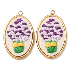 Purple 304 Stainless Steel & Cloth Embroidered Pendants, Oval with Hyacinth Pot Charms, Ion Plating(IP), Long-Lasting Plated, Real 18K Gold Plated, Purple, 33x19.5x3mm, Hole: 1.9mm