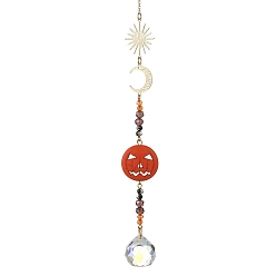 Dark Orange Pumpkin Synthetic Turquoise & Brass Sun Moon Suncatcher, Glass Round Pendant Prism Crystal Window Hanging Ornament for Home Garden Decor, Dark Orange, 240mm