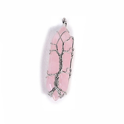 Rose Quartz Natural Rose Quartz Big Pendants, Platinum Tone Copper Wire Wrapped Bullet, Double Terminated Point Charms, 50x10x10mm