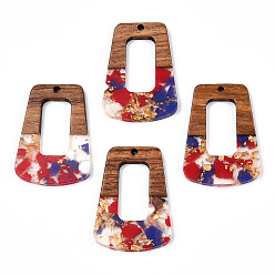 Красный Подвески из прозрачной смолы и ореха, золотой фольгой, трапециевидные подвески, красные, 37.5x27x3 мм, отверстие : 2 мм