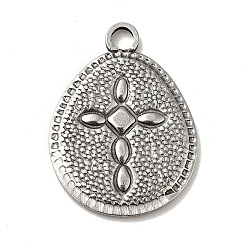 Antique Silver 304 Stainless Steel Pendants, Teardrop with Cross Pattern Charms, Antique Silver, 23x17x1.5mm, Hole: 2.5mm